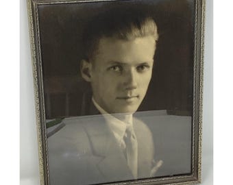 Vintage 8x10 Portrait Young Man in Suit Ornate Silver Tone wooden Frame
