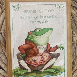 May include: A wooden framed picture with a green frog wearing a red jacket and a pink vest. The picture has the text "Thought for Today" and the quote "It's better to get laugh wrinkles than worry warts!"