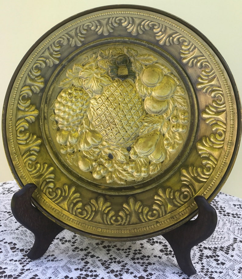 Vintage English brass decorative plate with embossed fruit Etsy