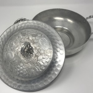 Hammered aluminum serving bowl with handles and lid