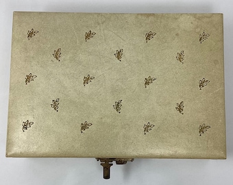 Vintage jewelry box ivory with gold leaf design and pink satin and velour lining