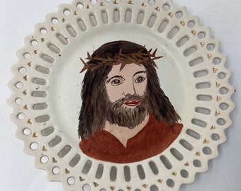 Vintage hand painted Jesus plate with lacy edges
