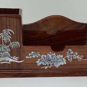 Vintage wood and mother of pearl business card and pen holder