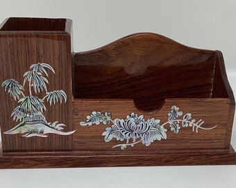 Vintage wood and mother of pearl business card and pen holder