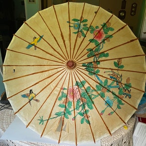 Vintage rice paper bird and bamboo decorative umbrella parasol