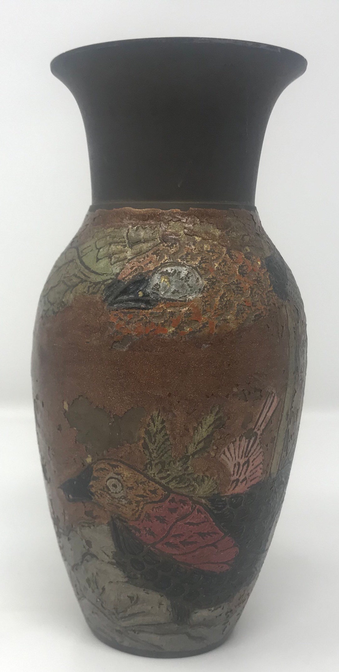 Vintage Enameled Brass Vase With Bird Etsy