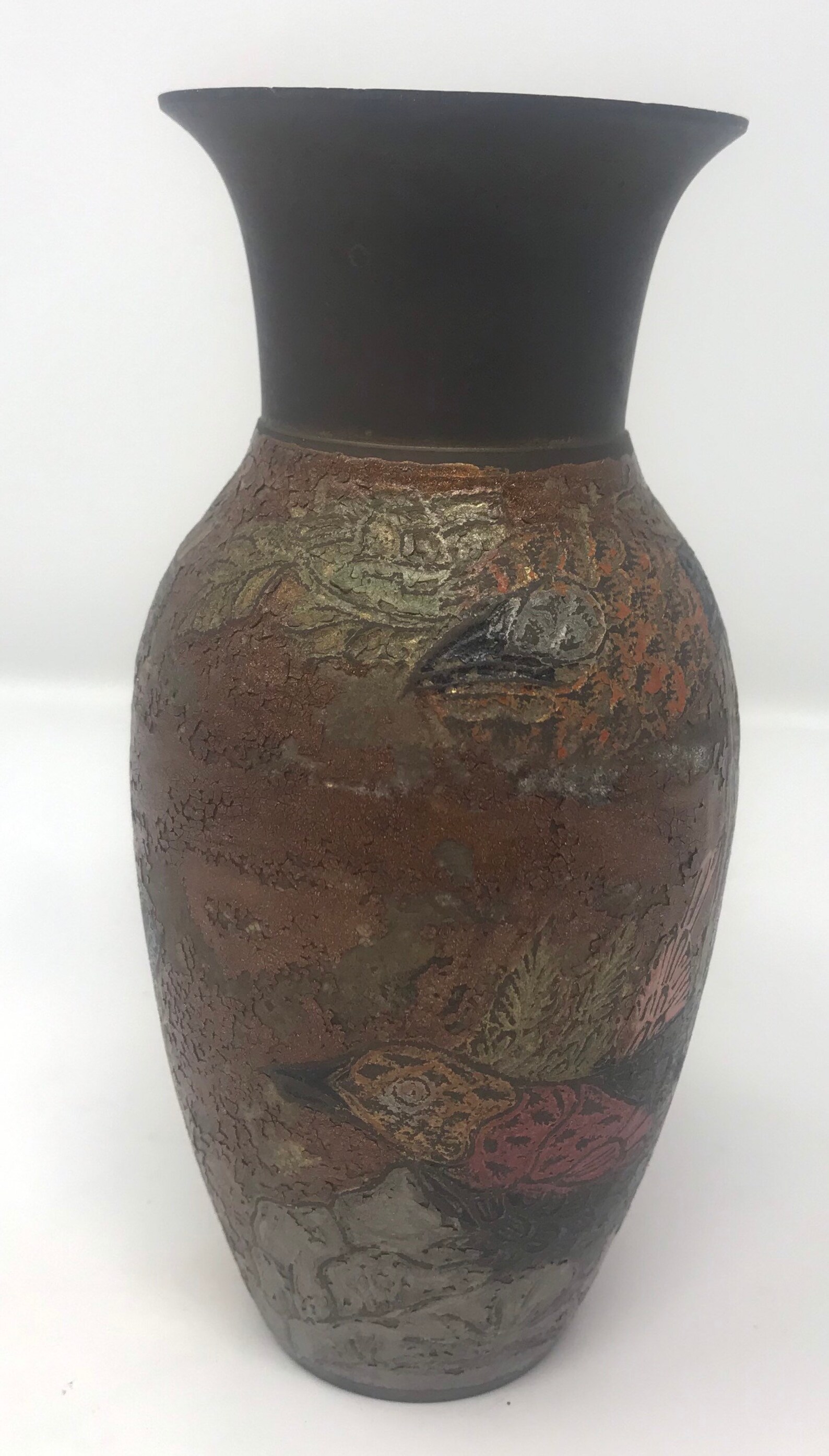 Vintage enameled brass vase with bird Etsy Italia
