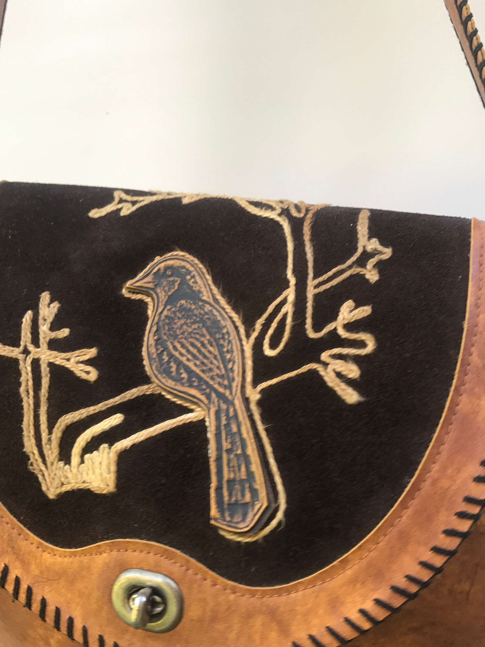 Vintage hand tooled leather bag with bird design Etsy
