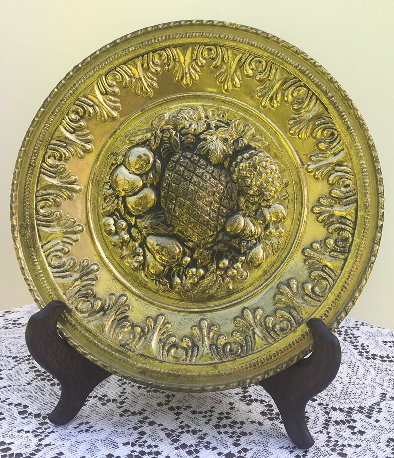 Vintage English brass decorative plate with embossed fruit Etsy