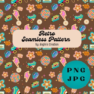 May include: A brown seamless pattern with retro illustrations including roller skates, cassette tapes, flowers, and lightning bolts. The text "Retro Seamless Pattern" is displayed. The design also includes the text "Good Vibes" and "PNG JPG".