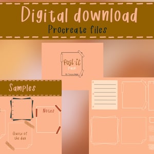 May include: A digital download of Procreate files for a Post-it Pack. The pack includes various shapes and sizes of sticky notes with different textures and designs. The sticky notes are in a peach colour with white outlines. The image also shows examples of how the sticky notes can be used.