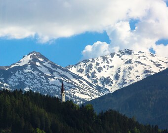 Alps, Europe Art, Italian Alps Prints, Swiss Alps, Snow Covered Mountain Photographs, Church Steeple Photo, Blue Sky, Outdoors Prints
