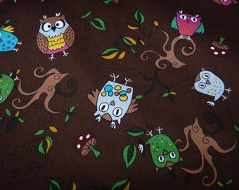 Poplin owls and trees on brown BW