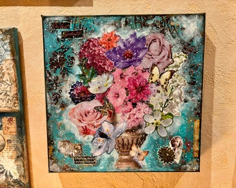 Spirituelle Kunst Leinwand energetisiert Blumen 30 x 30 cm Vintage Style