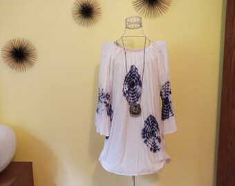 Tie Dye Patterns Tunic Top Hippie Sweater Bohemian Navy Blue White Size Small Size