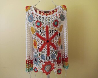 Vintage handmade wool sweater sweater high cardigans vest woman / girl size: M/L orange red boho boho hippie