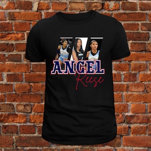 May include: Black t-shirt with a white and blue graphic of three basketball players. The text "ANGEL Reese" is printed in blue and red.