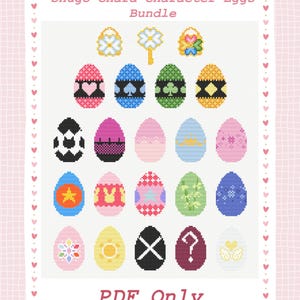 May include: A digital PDF bundle featuring cross-stitch patterns of Shugo Chara character eggs. The designs include various colors and patterns, such as hearts, spades, clovers, and stars. The text "PDF Only" is also included.