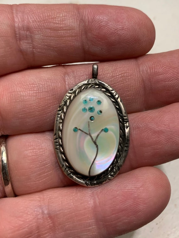 Vintage Sterling Silver Turquoise and MOP pendant - image 1