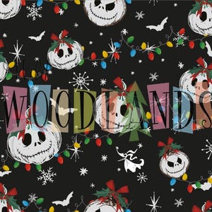 May include: Black background with a repeating pattern of white Jack Skellington-style pumpkins, Christmas lights, snowflakes, bats, and the word "WOODLANDS" in colorful letters. The pumpkins have red bows.