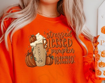 Iced Coffee Shirt - Stressed Blessed and Pumpkin Obsessed - Funny Mom Shirt - Mom Coffee Tee - Coffee Addict Tee - Pumpkin Spice Shirt