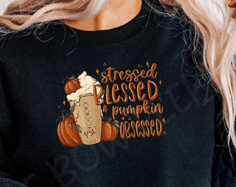 Cute Coffee Shirt - Stressed Blessed and Pumpkin Obsessed - Funny Mom Shirt - Mom Coffee Tee - Coffee Addict Tee - Pumpkin Spice Shirt