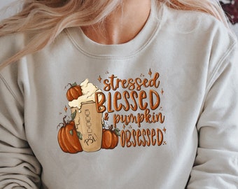 Stressed Blessed and Pumpkin Obsessed - Pumpkin Spice Shirt - Cute Coffee Shirt - Funny Mom Shirt - Mom Coffee Tee - Coffee Addict Tee