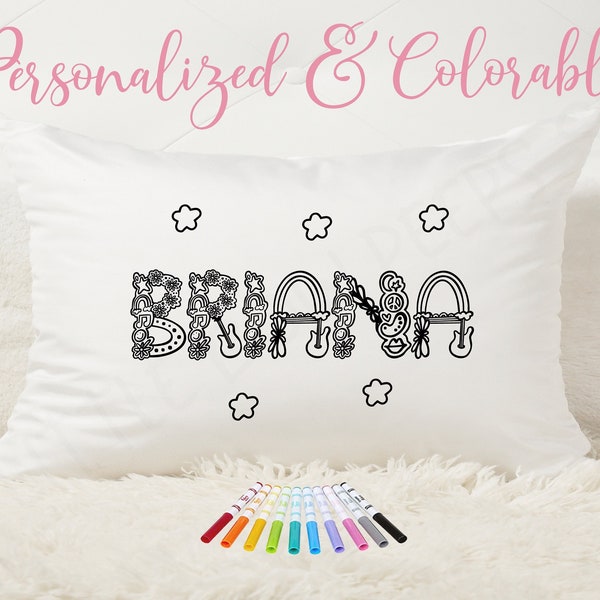 Color Me Personalized Pillow Case + Fabric Markers | Custom Name Pillow | Slumber Party Pillow | Coloring Pillow Case | Slumber Party Favor