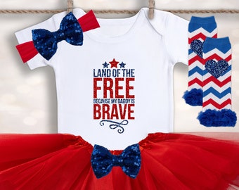 Land of the FREE Because My Daddy is BRAVE - Veterans Day Outfit - Patriotic Baby - Baby Military Outfit - My First 4th - My Dads Brave