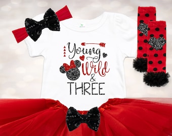 Girl's 3rd Birthday Outfit - Young Wild & Three Shirt - 3rd Birthday Shirt - Third Birthday Tee - 3rd Birthday Tutu - Red Black Polka Dot