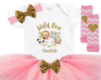 Personalized Wild One Baby Girl's 1st Birthday Tutu Outfit - First Birthday Cake Smash - Baby Safari Animals Onesie - Zoo Party Shirt