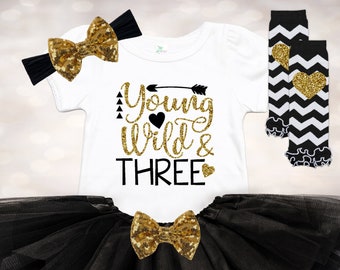 Baby Girl's 3rd Birthday - Young Wild and Three Outfit - 3rd Birthday Shirt and Tutu - 3rd Birthday Dress - Tutu Baby Outfit