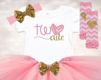 TWO Cute Outfit - 2nd Birthday Tutu Set - Pink & Gold Two Birthday - Second Birthday Outfit - Girls Birthday Shirt Tutu Outfit