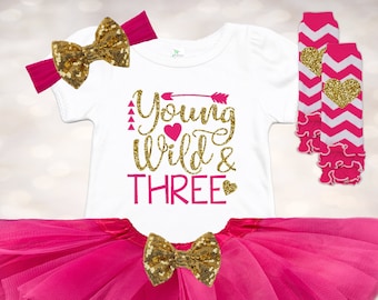 Girls 3rd Birthday Outfit - Young Wild and Three Shirt - 3rd Birthday Outfit Set - Wild and Three Birthday Shirt - Baby Girl's Birthday