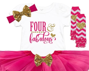 Toddlers 4th Birthday - FOUR and Fabulous - 4th Birthday Girl Outfit - Birthday Tutu Outfit - Fourth Birthday Shirt - Girls Birthday Shirt