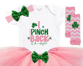 St. Patrick's Day Tutu Outfit - Baby Girls St Pattys Day Bodysuit - Baby Shower Gift - My First Holiday - I Pinch Back Toddler Shirt