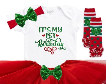 My 1st Christmas Birthday Outfit - My 1st Birthday Girl Outfit - Baby Girl 1st Birthday - Cake Smash Set - First Birthday Bodysuit