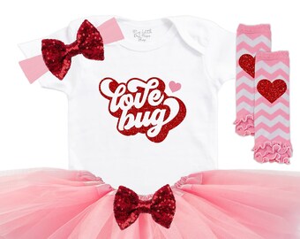 Baby Girls Valentines Day Tutu Outfit - Love Bug Outfit - Cute Baby Girl Onesies - 1st Valentines Day - Toddler Valentines Outfit