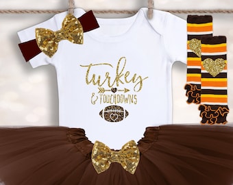 Turkey and Touchdowns - Baby Girls Thanksgiving Outfit - Football Tutu - Thanksgiving Bodysuit - Baby First Thanksgiving - Thanksgiving Tutu