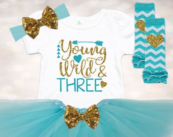 Young Wild and Three Outfit - Birthday Shirt - 3rd Birthday Shirt - Tutu Baby Outfit - 3rd Birthday Tutu - 3rd Birthday Dress - Girls Tutu