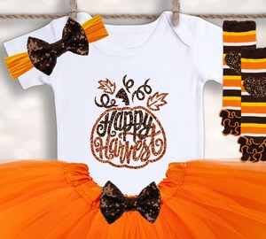 Ensemble Thanksgiving Bébé Fille 3-24 Mois - Body Manches Longues + Jupe Tutu + Bandeau - Imprimé Dessin Animé