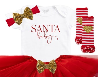Santa Baby Girls 1st Christmas Outfit, Toddler Christmas Dress, Newborn Baby Girl's First Christmas Skirt, Coming Home Holiday Outfits