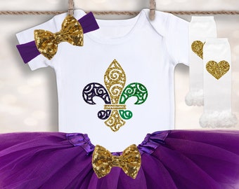 Fleur De Lis Tutu Outfit - Mardi Gras Onesie® - Toddler Shirt - New Orleans Shirt - Nola Outfit - Holiday Baby Outfit - Mardi Gras Tutu