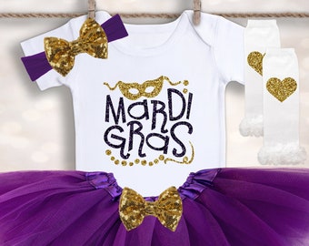 Baby Girls Mardi Gras Outfit - Newborn Tutu Outfit - Mardi Gras Mask - Holiday Baby Outfit - Baby Announcement - My First Holiday