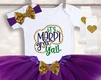 Mardi Gras Outfit - Its Mardi Gras Y'all - Baby Girl's Outfit - Newborn Tutu Outfit - 1st Mardi Gras Outfit - Holiday Baby Outfit