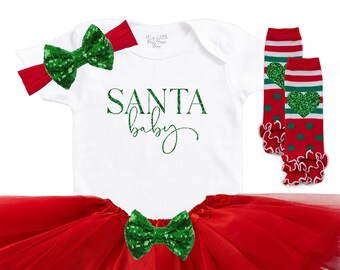 Santa Baby Girls First Christmas Outfit, Toddler Christmas Dress, Newborn Baby Girl's 1st Christmas Skirt, babys Coming Home Holiday Outfits