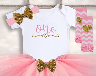ONE Birthday Tutu - Baby Girl 1st Birthday - Cake Smash Outfit - Baby Tutu Outfit - 1st Birthday Girl Outfit - Pink and Gold Birthday