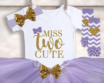 TWO Cute Birthday - Purple Gold BIrthday - 2nd Birthday Outfit - 2nd Birthday Tutu - Two Cute Outfit - Second Birthday Girl