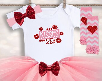 Valentines Day Outfit Baby Girl - KISSES .25 Cents - Valentine's Day Tutu - Girls Valentines Tutu - Newborn Valentines Outfit