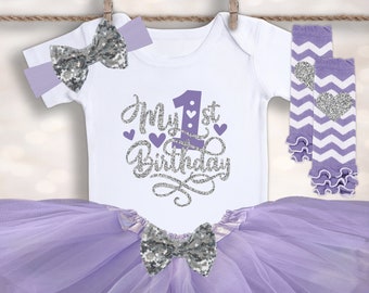 Baby Girls 1st Birthday Tutu - Purple Silver Birthday - Birthday Tutu Set - 1st Birthday Girl Outfit - Cake Smash Outfit